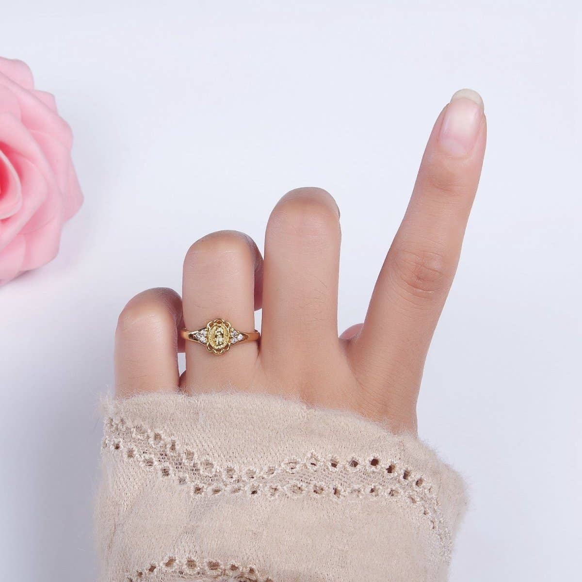 14K Gold Filled Triple CZ Mother Mary Lady Guadalupe Rounded Oval Ring