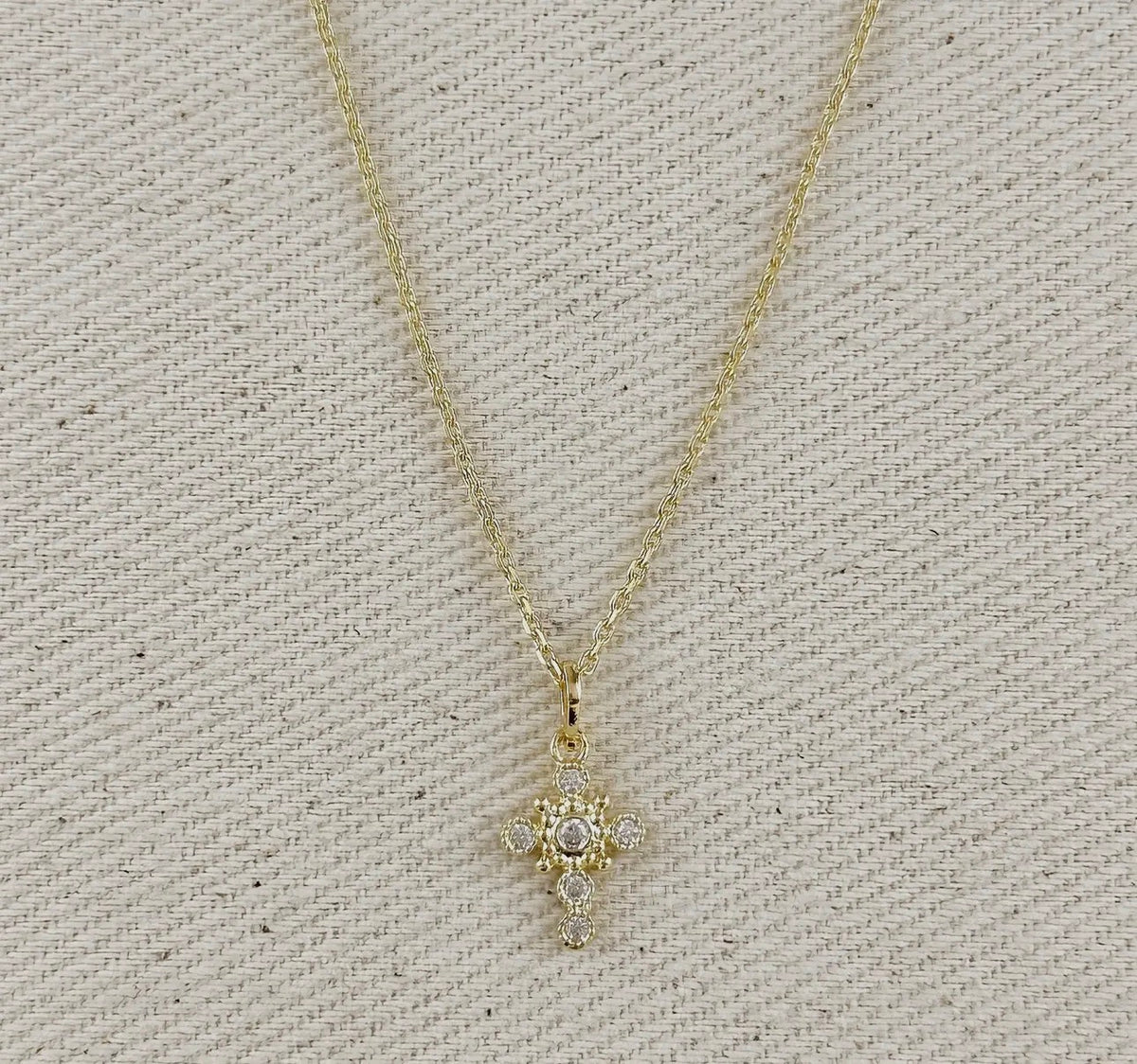 Dainty Cubic Zirconia Crystal Bezel Cross Necklace 18K Gold Filled