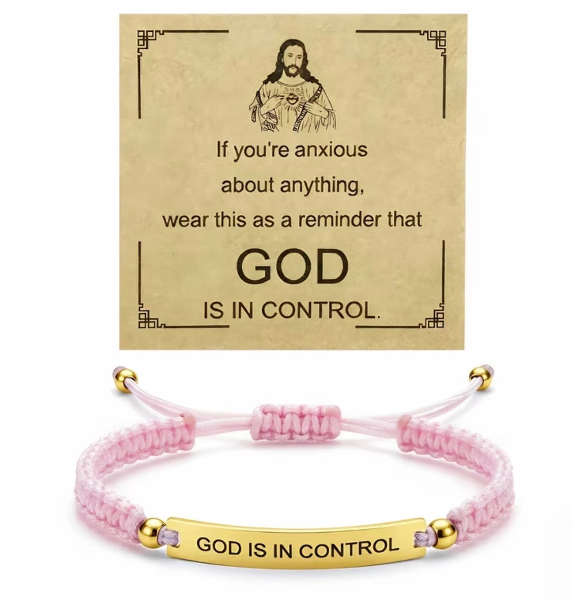 Corded Bracelet God Is In Control Pink with Gold