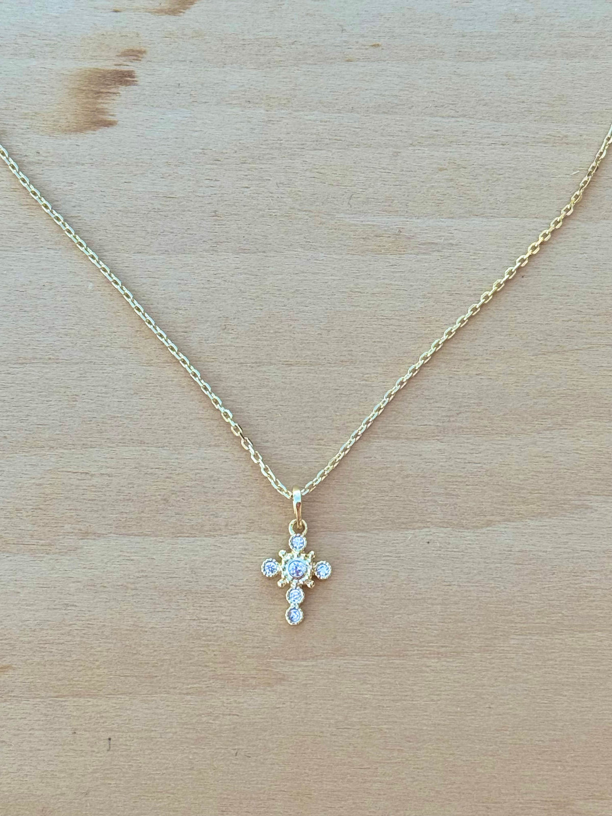 Dainty Cubic Zirconia Crystal Bezel Cross Necklace 18K Gold Filled