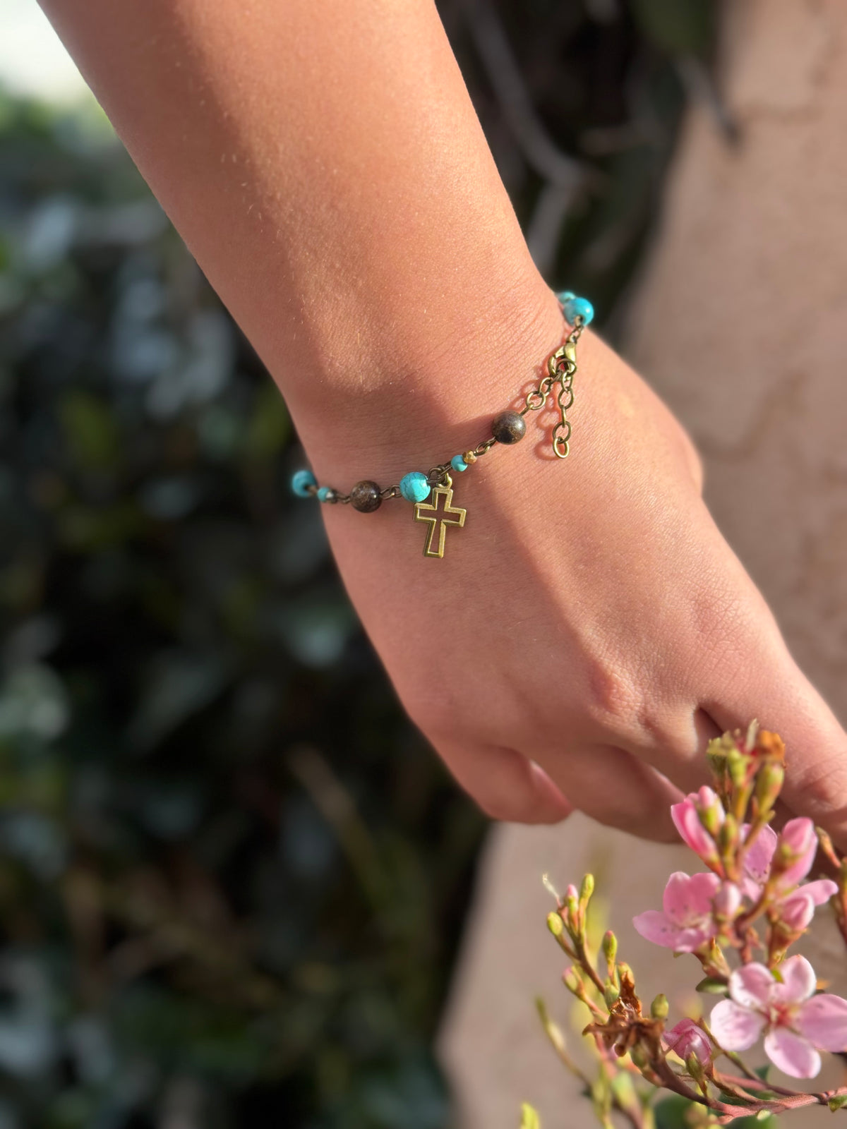 Bracelet with Bronze Cross and Imitation Turquoise Beads Handmade