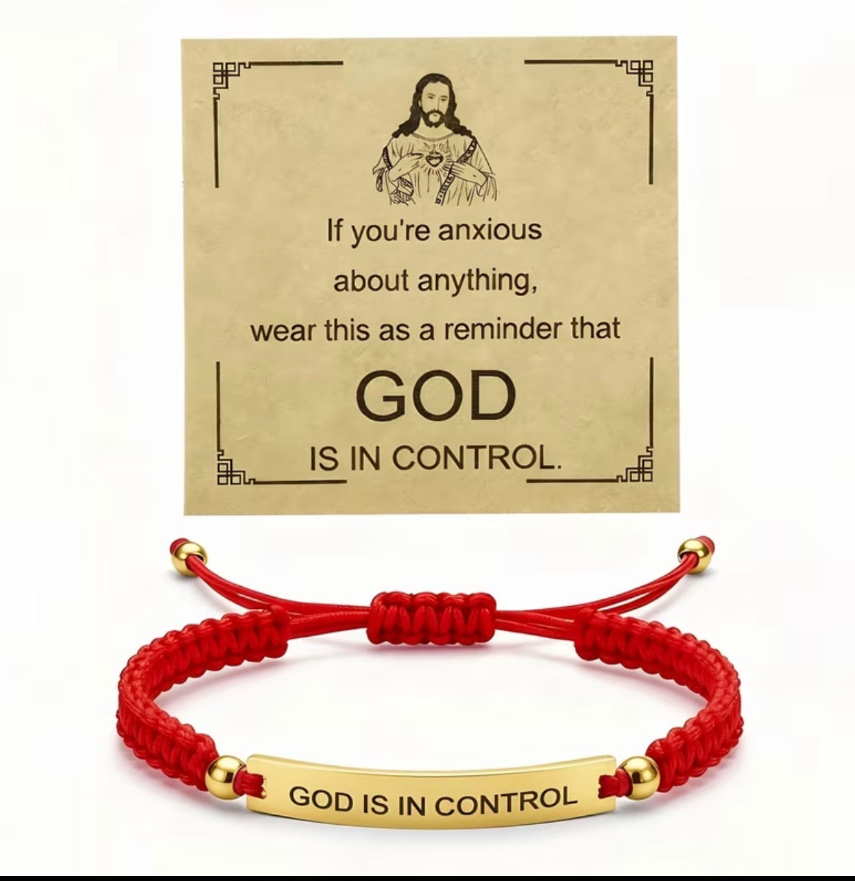 Corded Bracelet God Is In Control Red with Gold