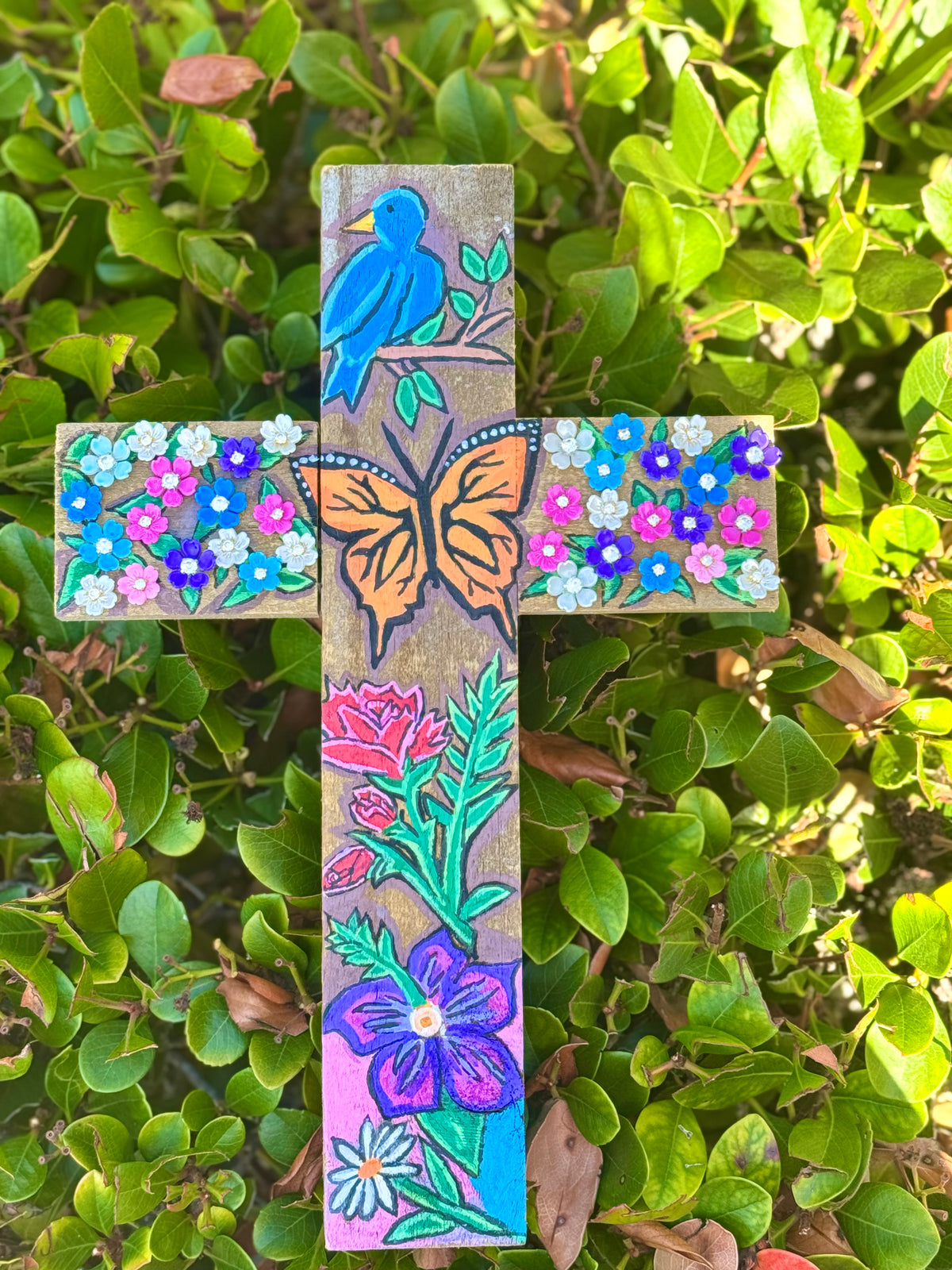 Wings of Grace Wall Cross Made In The USA Bluebird, Monarch Butterfly, Floral Design