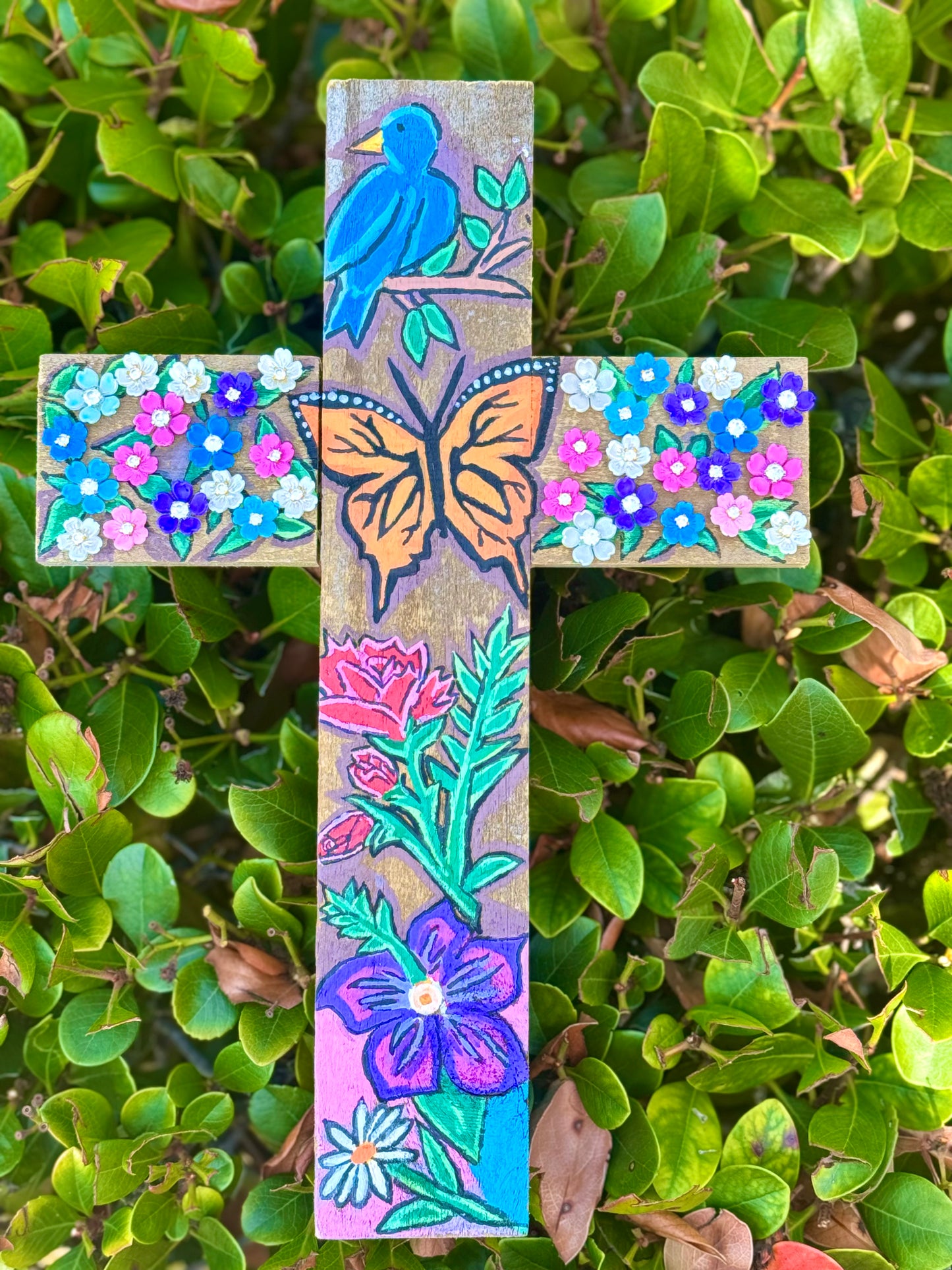 Wings of Grace Wall Cross Made In The USA Bluebird, Monarch Butterfly, Floral Design