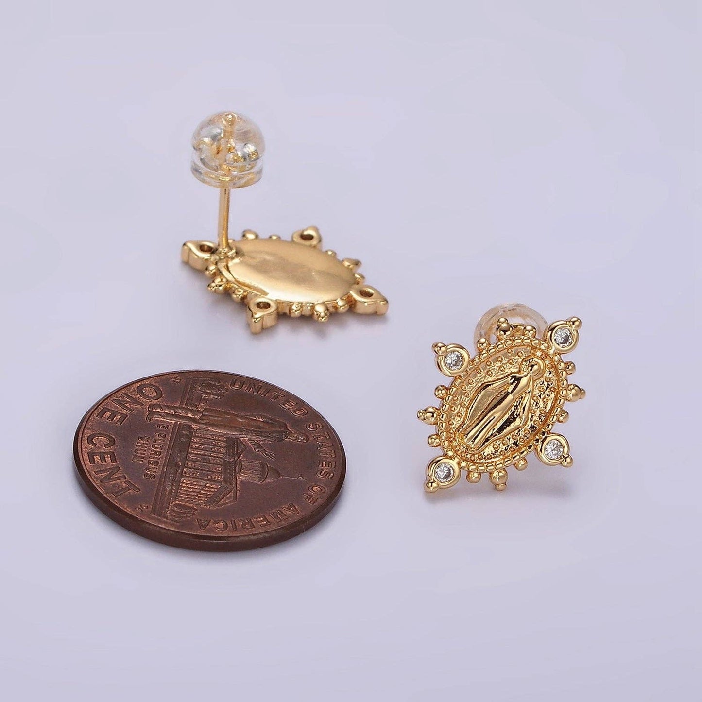 16K Gold Filled Mary Guadalupe Religious CZ Dotted Oval Stud Earrings