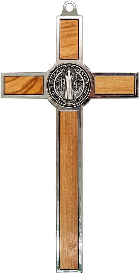 Italian St. Benedict Crucifix with Olive Wood Inlays, Silver