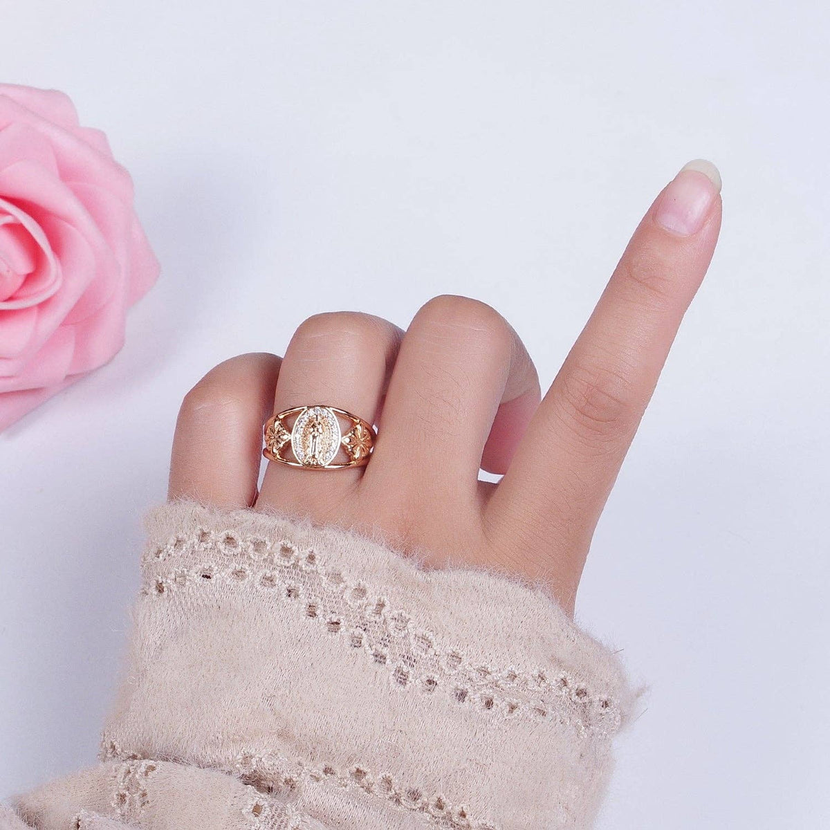 18K Gold Religious Micro Paved CZ Mother Virgin Mary Flowers