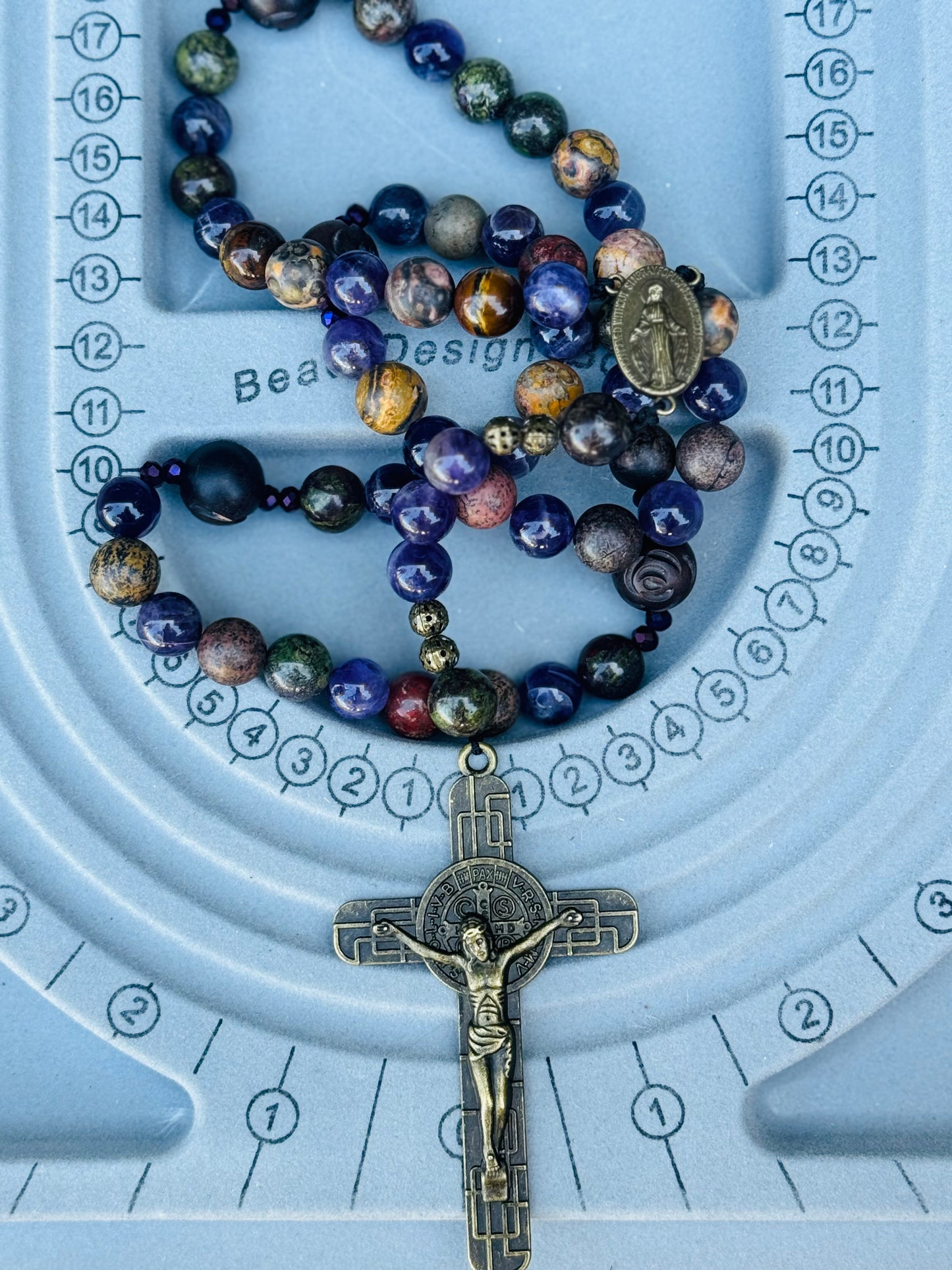 Grade AAA Natural Gemstone Rosary, Juju Wood Beads, Bronze Saint Benedict Crucifix Handmade in the USA