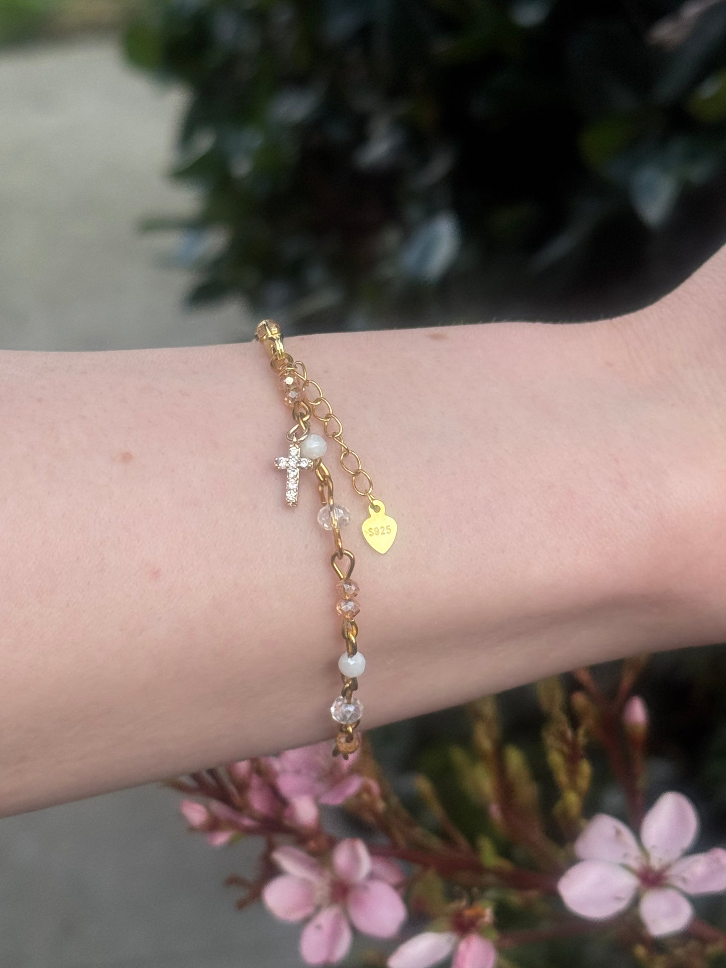 Aurora Borealis Beaded Cross Bracelet Gold Plated