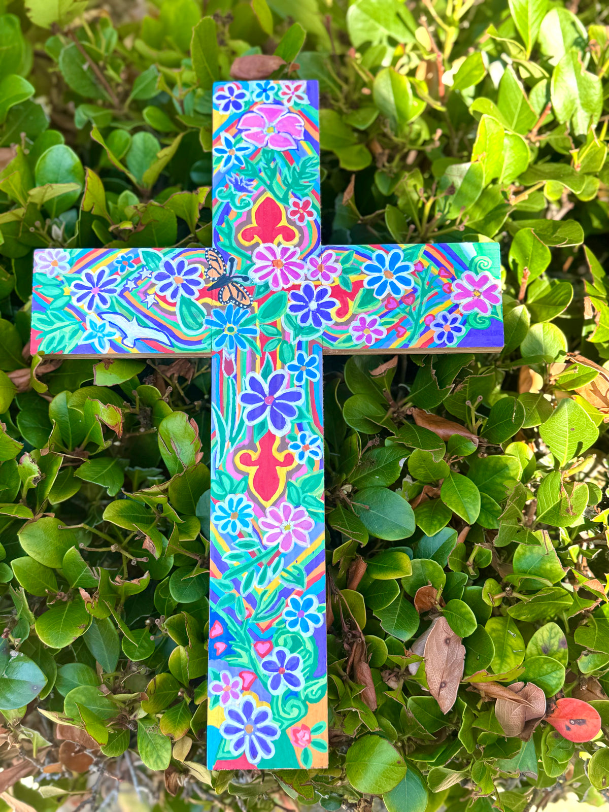 Pine Wood Cross, Hand Painted Flowers, Monarch Butterfly, Fleur De Lis Accents Made in the USA