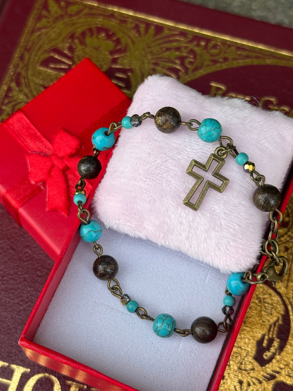 Bracelet with Bronze Cross and Imitation Turquoise Beads Handmade