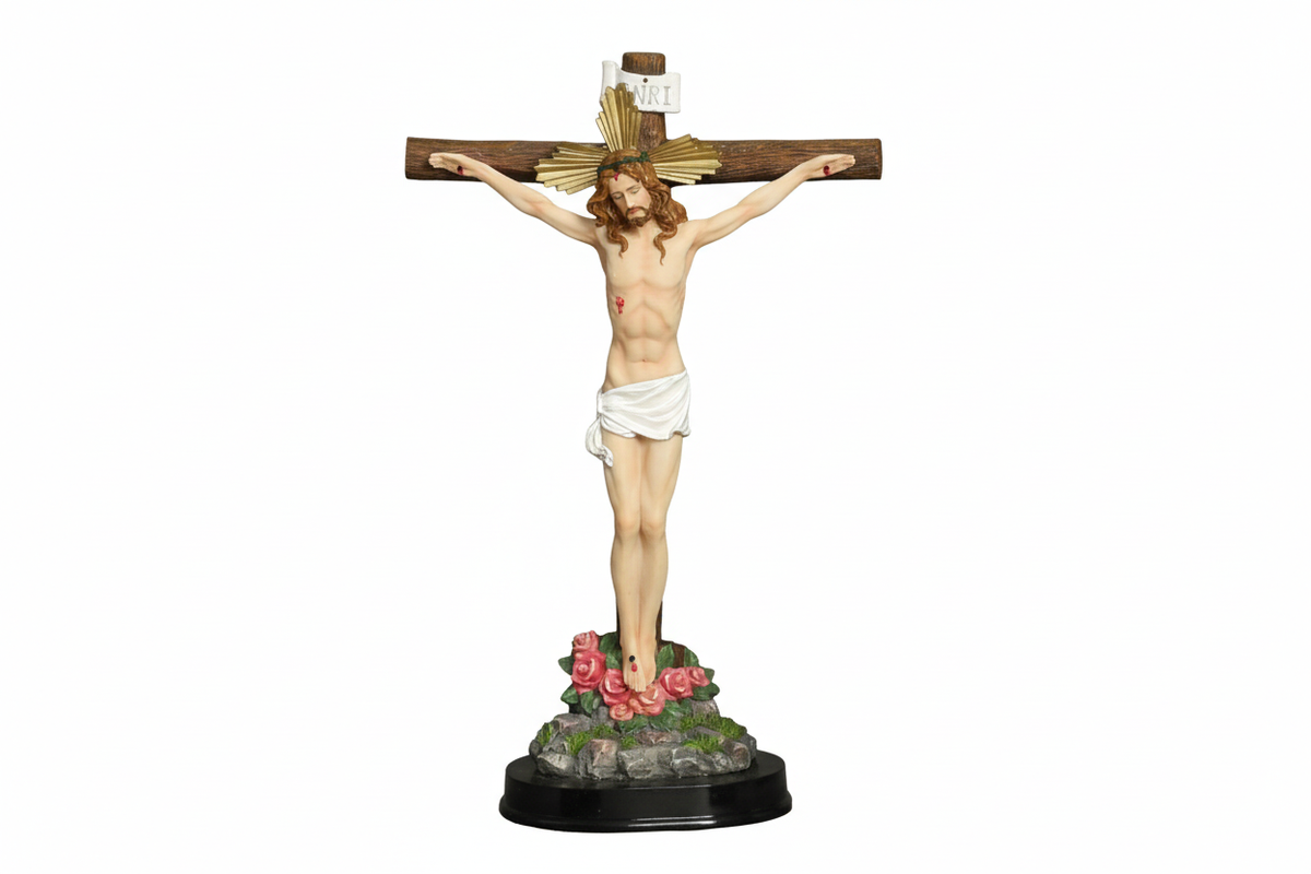 Standing Crucifix with Wooden Base Full Color