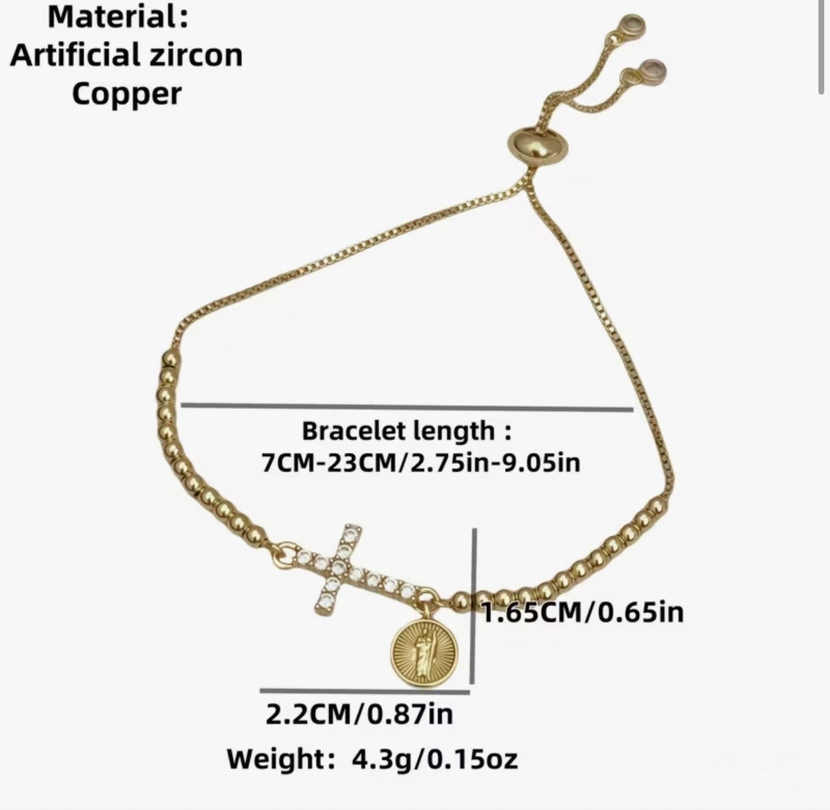 Gold Cross Adjustable Bracelet with St. Benedict Medal
