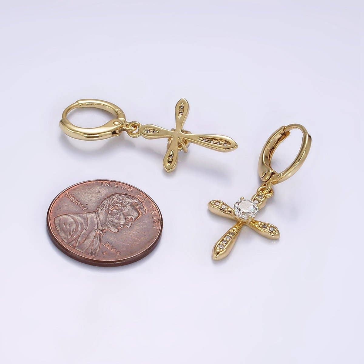 14K Gold Filled Micro Paved CZ Religious Cross Drop Huggie Earrings | AE935