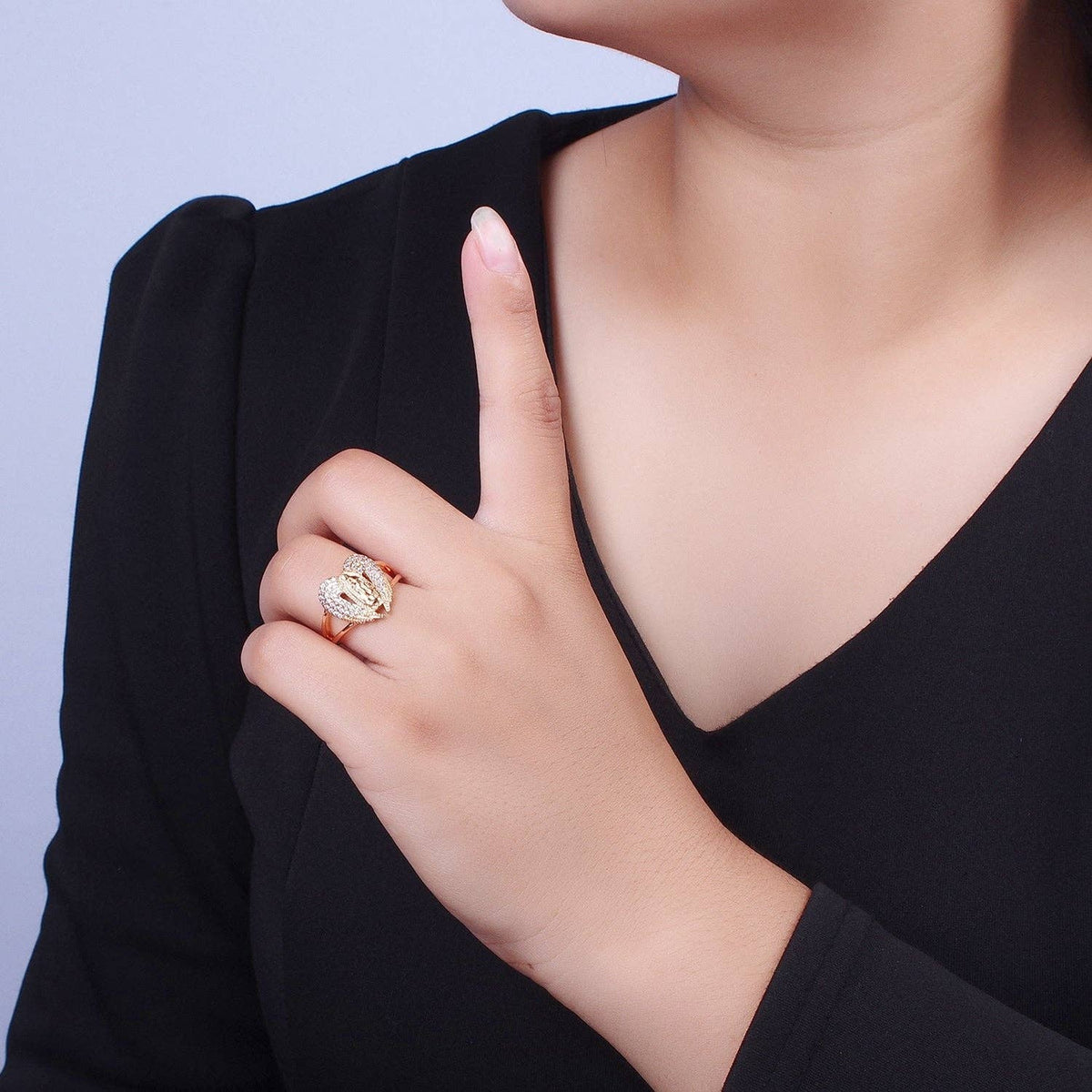 Micro Pave Gold Vintage Lady Guadalupe Ring with Angel Wing for Statement Religious Jewelry
