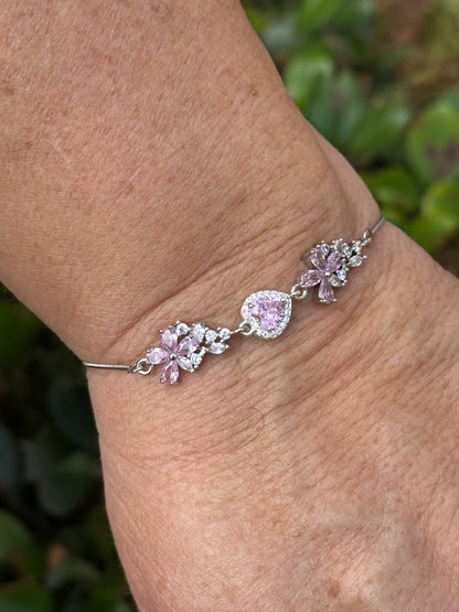 Sterling Silver with Cubic Zirconia Crystals Flower Heart Bolo Bracelet Made In The USA