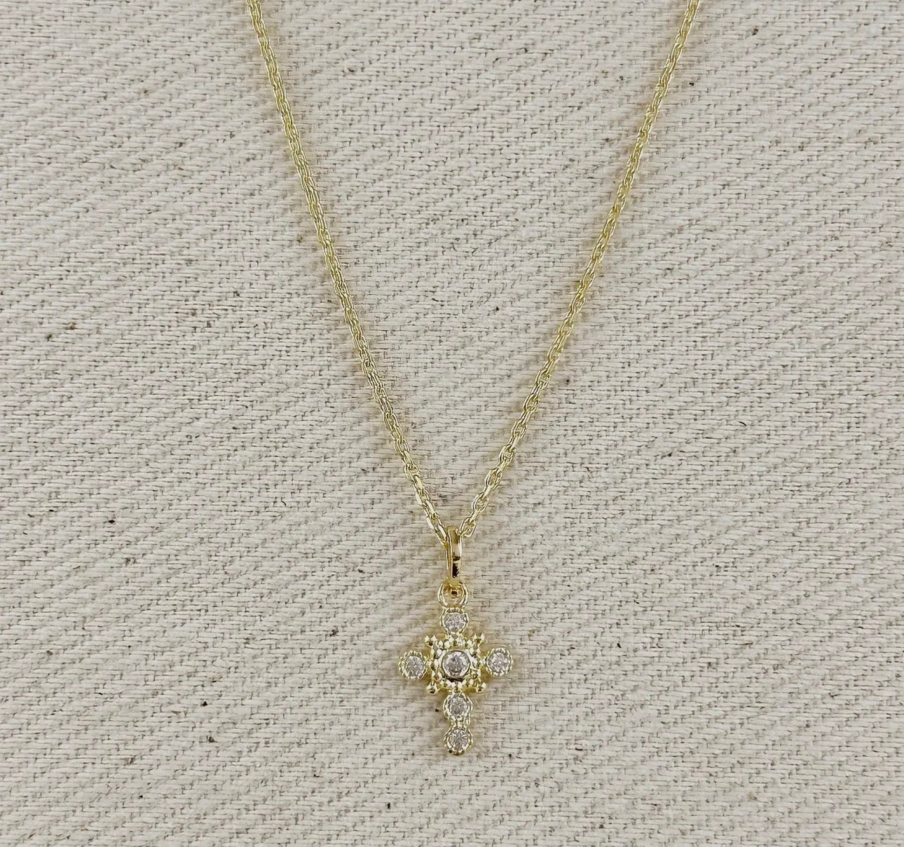 Dainty Cubic Zirconia Crystal Bezel Cross Necklace 18K Gold Filled