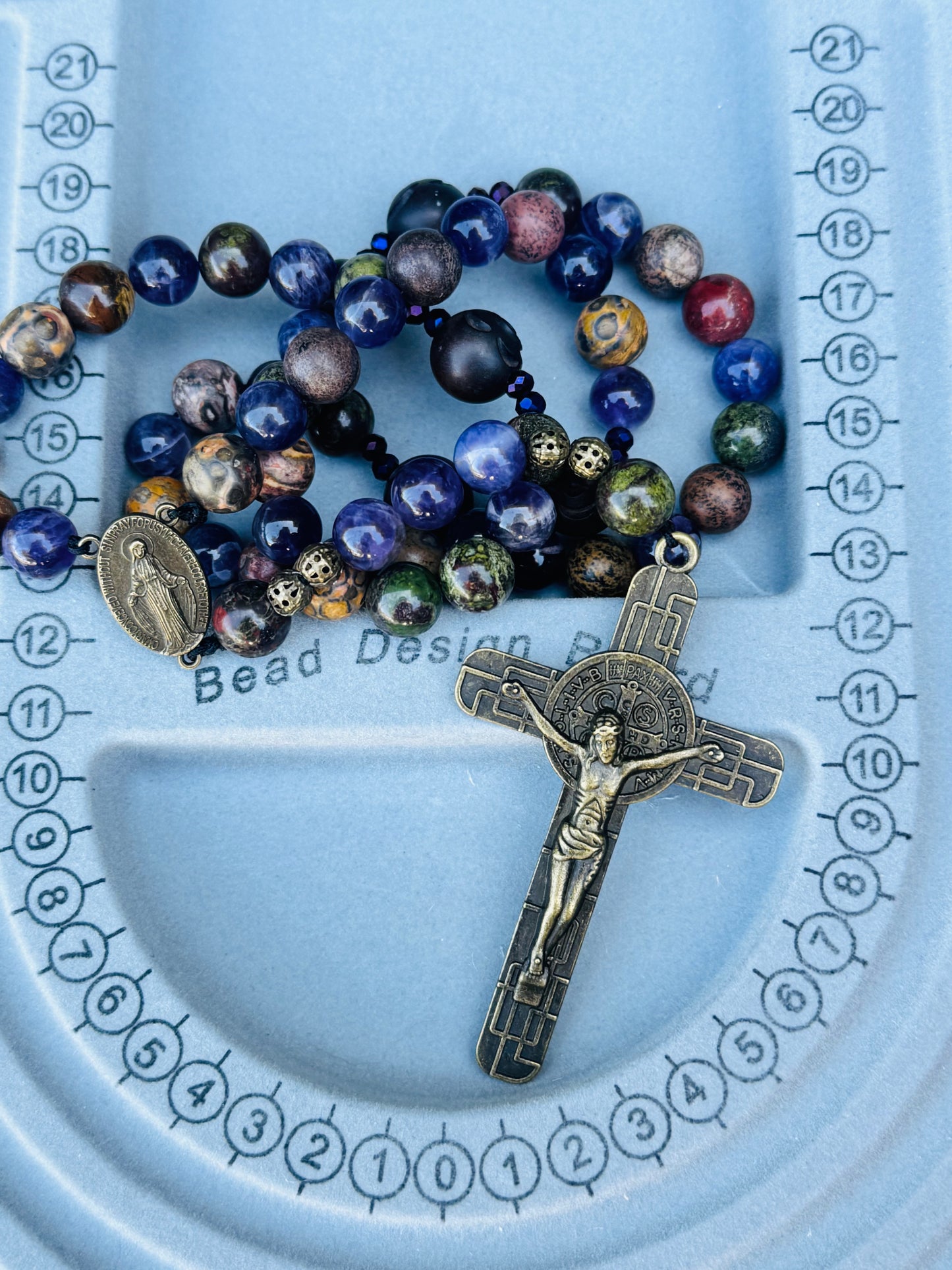 Grade AAA Natural Gemstone Rosary, Juju Wood Beads, Bronze Saint Benedict Crucifix Handmade in the USA