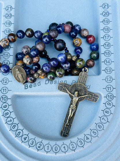 Grade AAA Natural Gemstone Rosary, Juju Wood Beads, Bronze Saint Benedict Crucifix Handmade in the USA