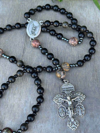 Handmade Corded Rosary with Pardon Crucifix and Saint Michael Centerpiece