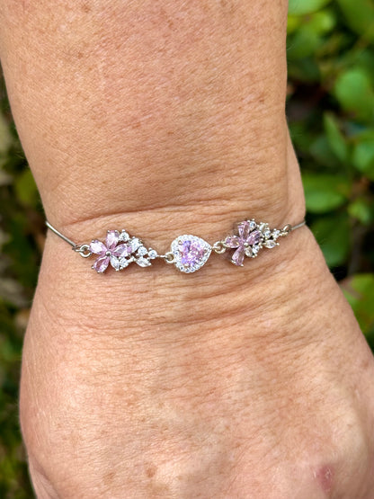 Sterling Silver with Cubic Zirconia Crystals Flower Heart Bolo Bracelet Made In The USA