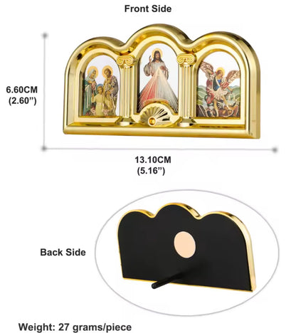 Triptych Icon Stand Plaque with St. Michael, Divine Mercy and Holy Family,