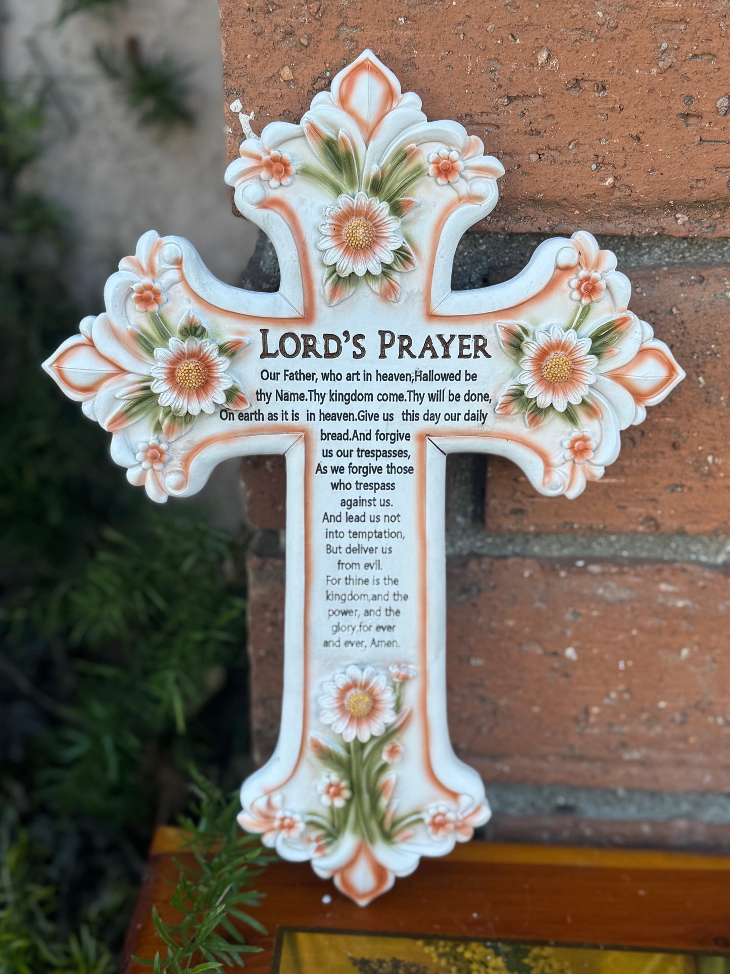 Lord's Prayer Wall Cross with Floral Design - Decorative Religious Home Decor Gift