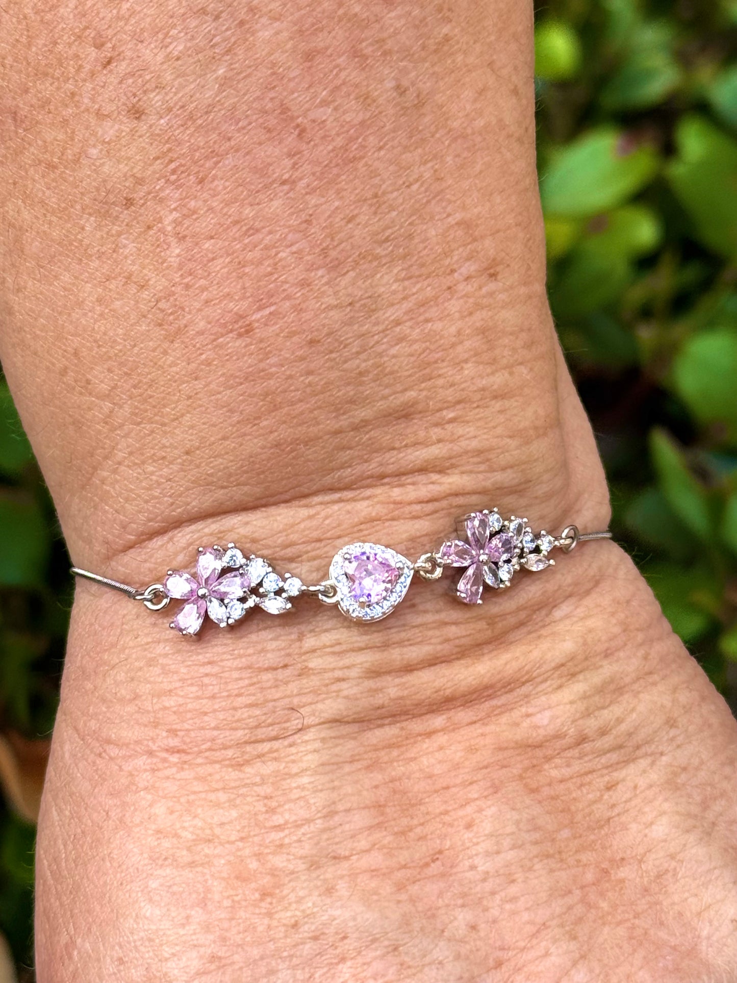 Sterling Silver with Cubic Zirconia Crystals Flower Heart Bolo Bracelet Made In The USA