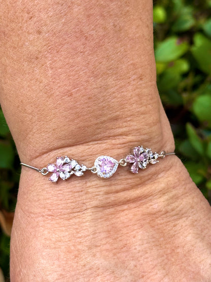 Sterling Silver with Cubic Zirconia Crystals Flower Heart Bolo Bracelet Made In The USA