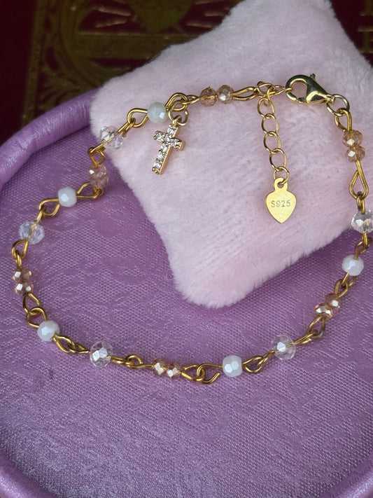 Aurora Borealis Beaded Cross Bracelet Gold Plated
