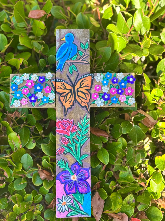 Wings of Grace Wall Cross Made In The USA  Bluebird, Monarch Butterfly, Floral Design
