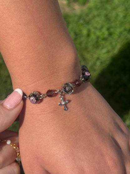 Rose Bead Bracelet with European Inspired Cross Sterling Silver Amethyst Austrian Crystals
