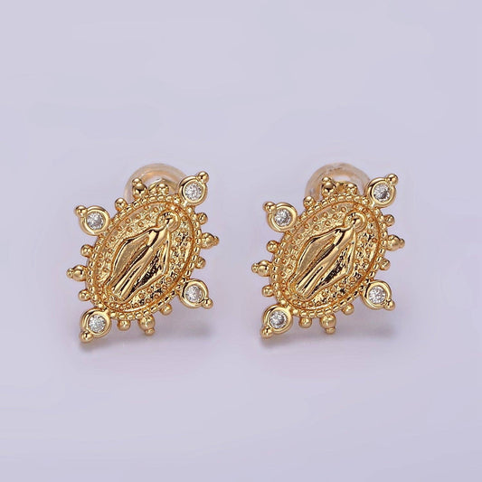 16K Gold Filled Mary Guadalupe Religious CZ Dotted Oval Stud Earrings