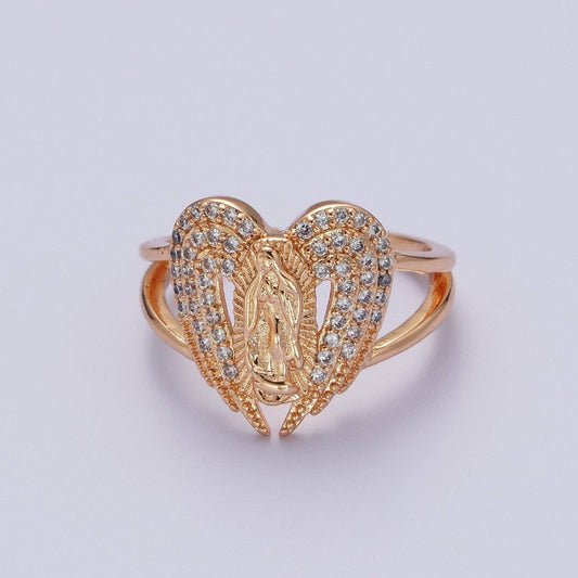 Micro Pave Gold Vintage Lady Guadalupe Ring with Angel Wing for Statement Religious Jewelry