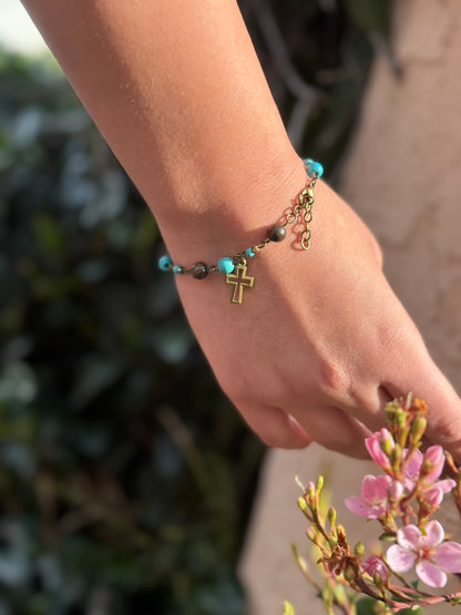 Bracelet with Bronze Cross and Imitation Turquoise Beads Handmade