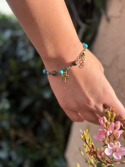 Bracelet with Bronze Cross and Imitation Turquoise Beads Handmade