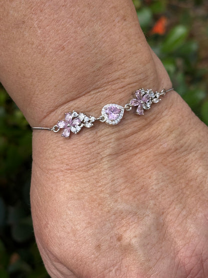 Sterling Silver with Cubic Zirconia Crystals Flower Heart Bolo Bracelet Made In The USA