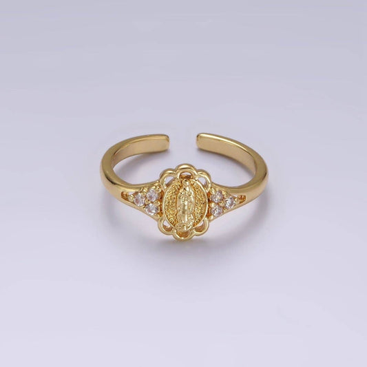 14K Gold Filled Triple CZ Mother Mary Lady Guadalupe Rounded Oval Ring