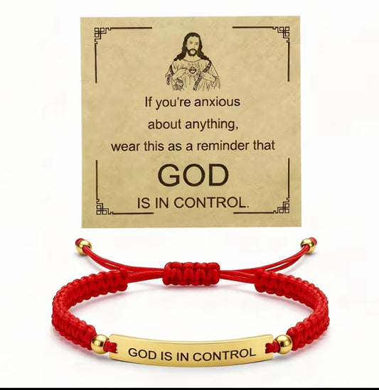 Corded Bracelet God Is In Control Red with Gold