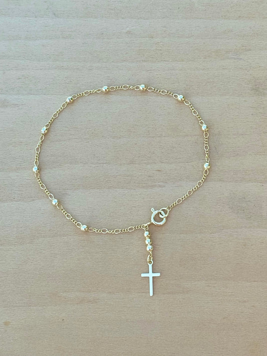 18k Gold Filled Beaded Dainty Bracelet with Cross Charm