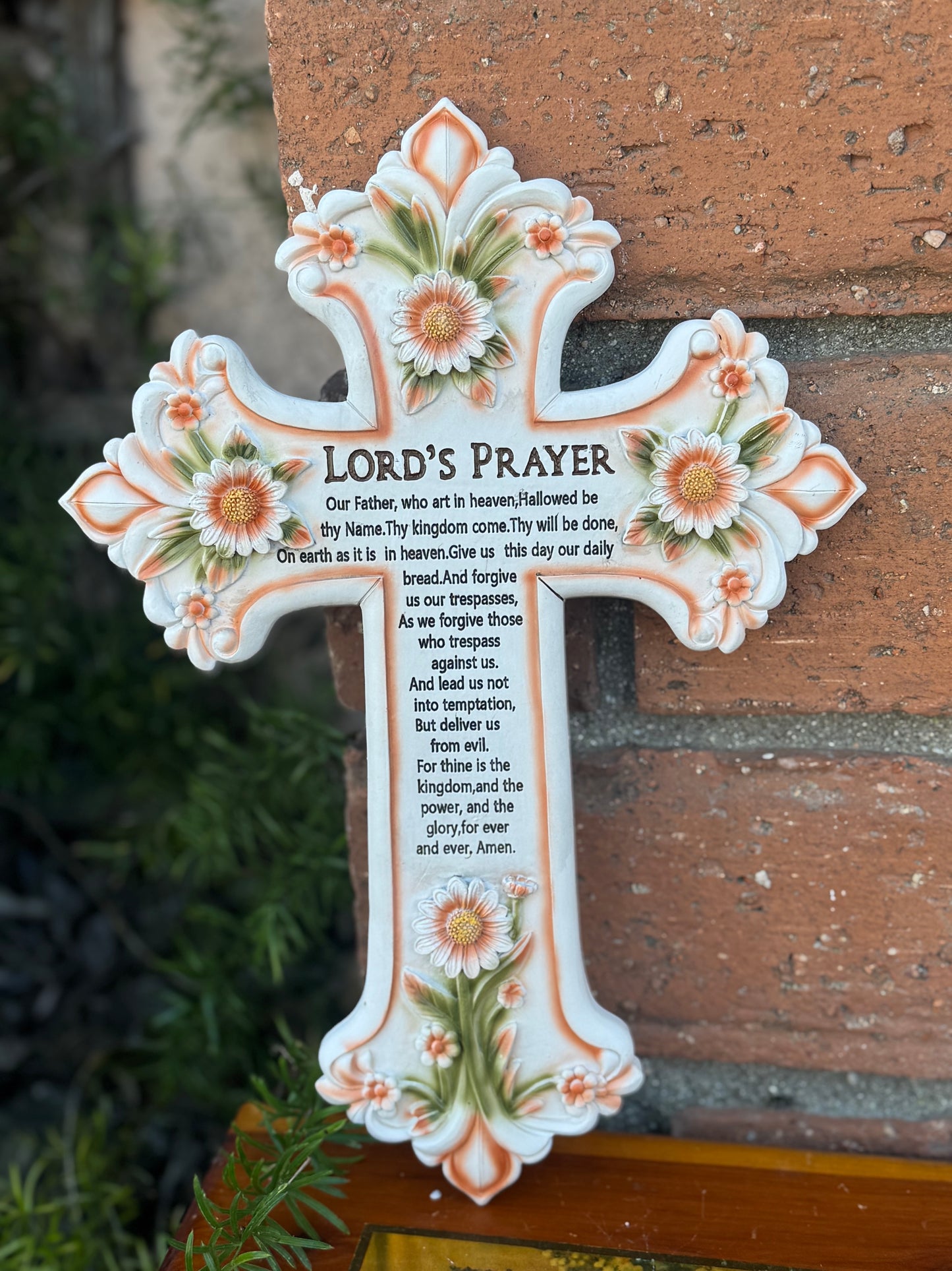 Lord's Prayer Wall Cross with Floral Design - Decorative Religious Home Decor Gift