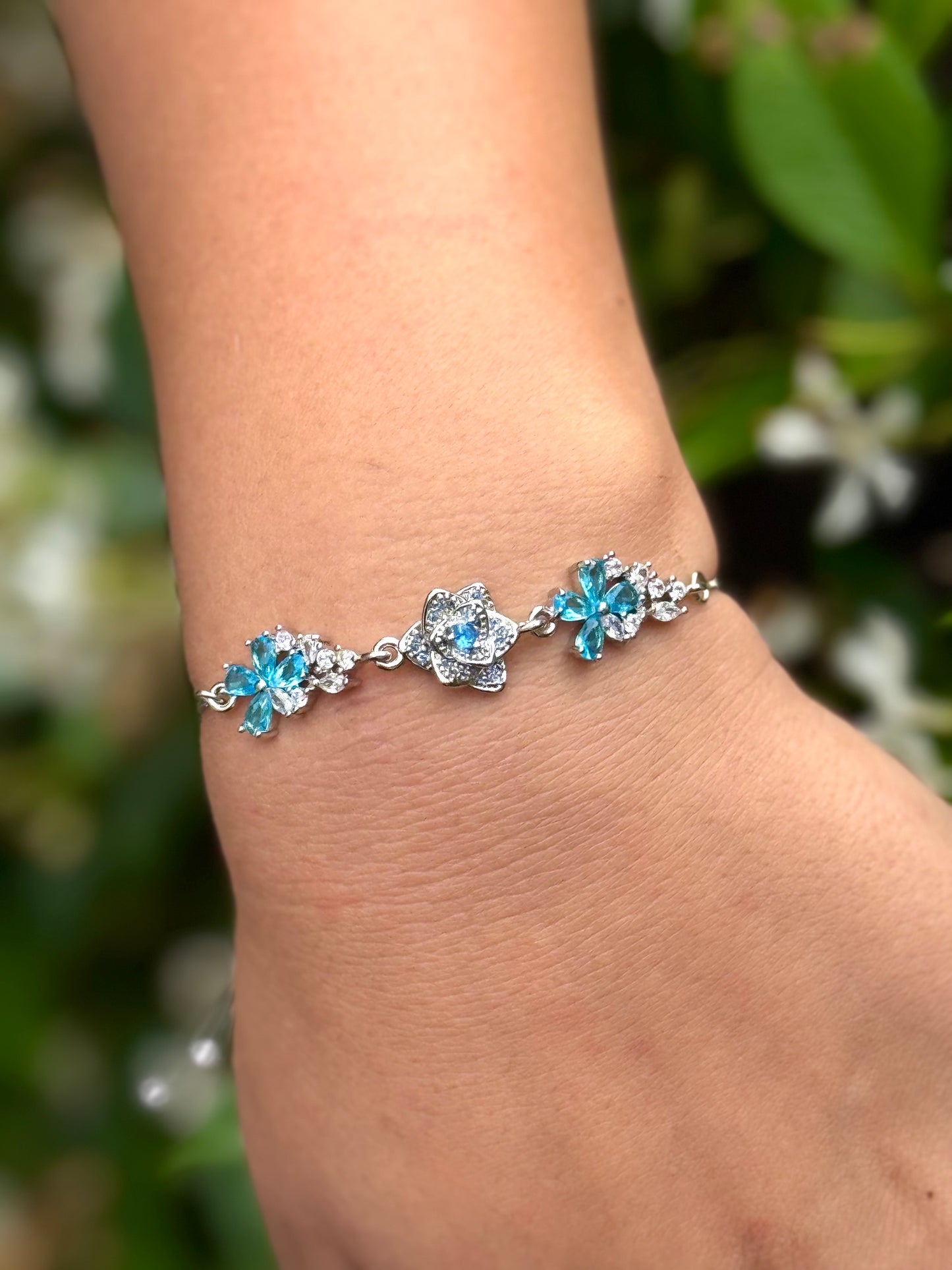 Sterling Silver with Cubic Zirconia Crystals Rose Bolo Bracelet Made In The USA