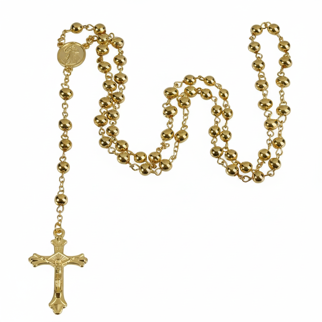 6MM Gold Iron Bead Rosary - White Background