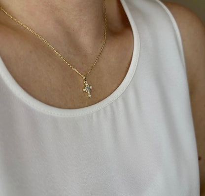 Dainty Cubic Zirconia Crystal Bezel Cross Necklace 18K Gold Filled