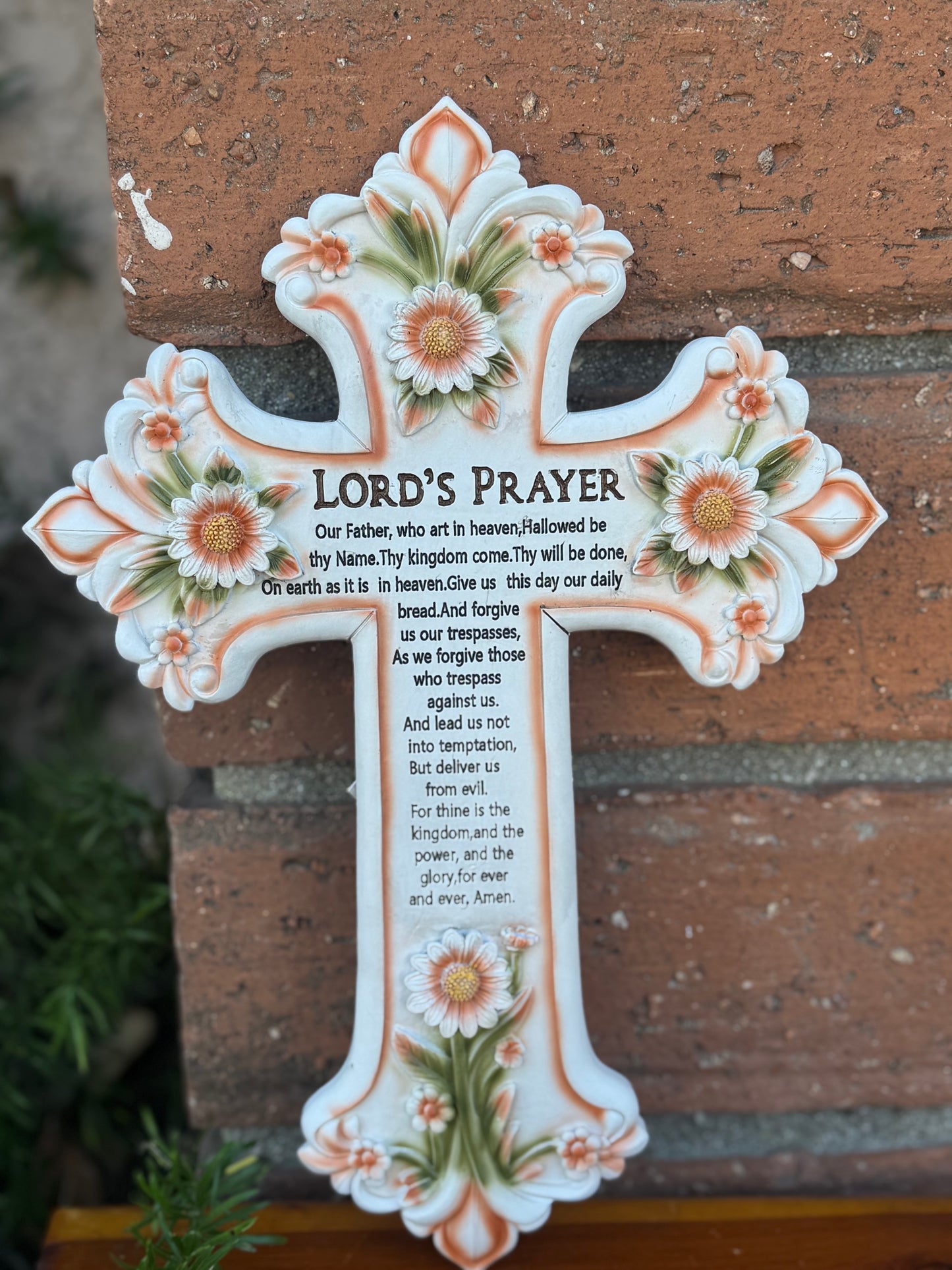 Lord's Prayer Wall Cross with Floral Design - Decorative Religious Home Decor Gift