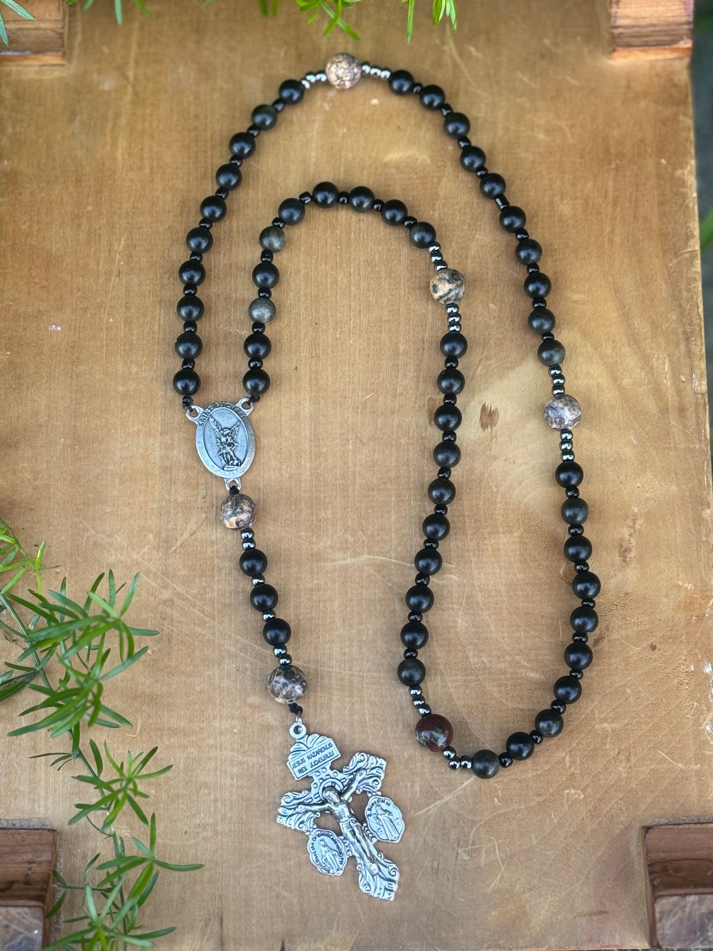 Handmade Corded Rosary with Pardon Crucifix and Saint Michael Centerpiece