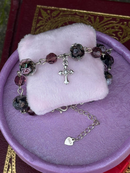 Rose Bead Bracelet with European Inspired Cross Sterling Silver Amethyst Austrian Crystals