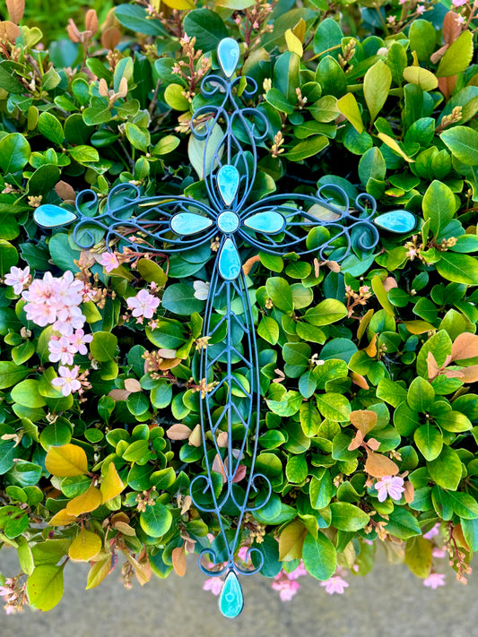 Elegant Classy Wall Cross with Turquoise Stone Metal Fleur De Lis Style