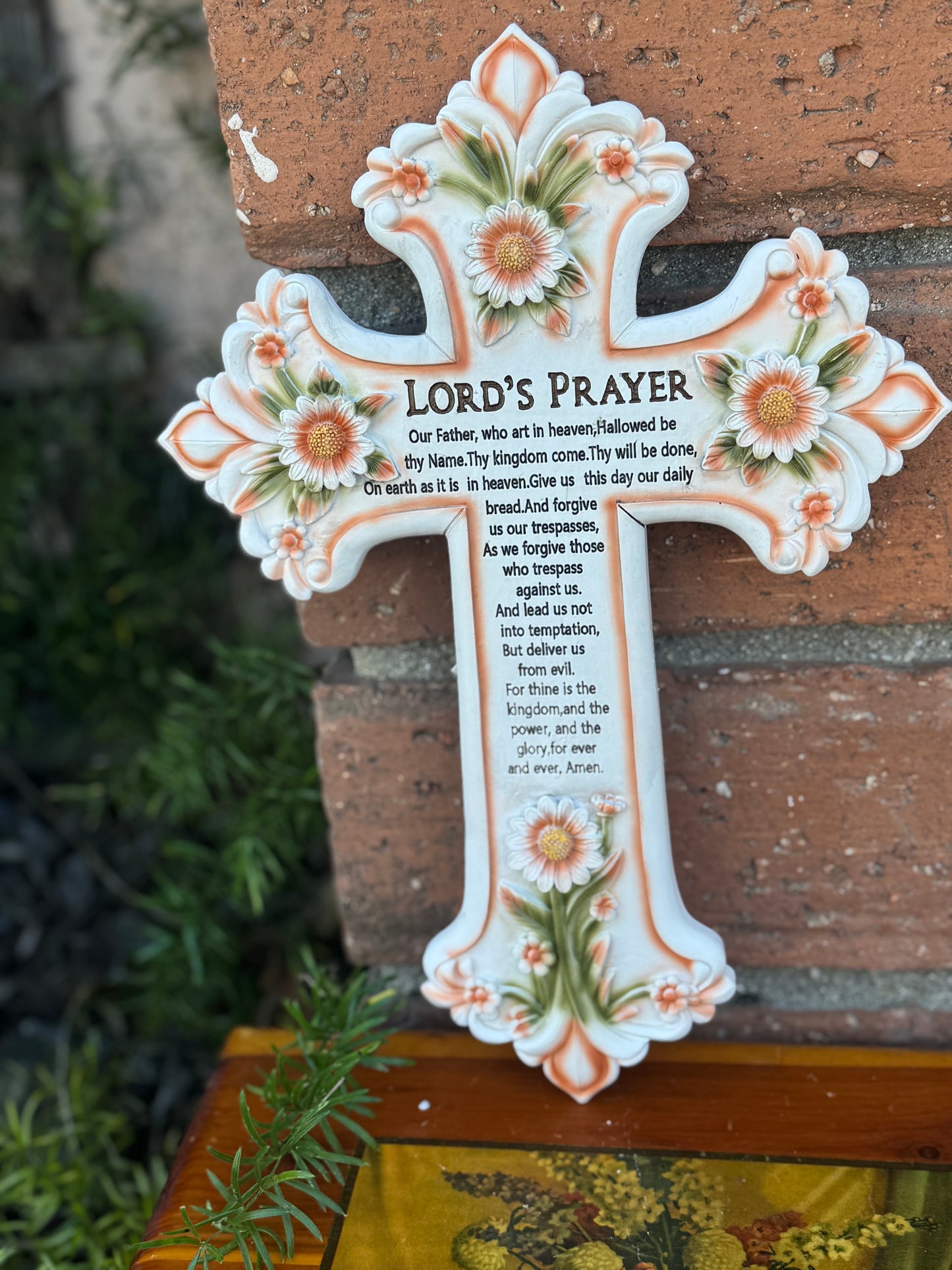 Lord's Prayer Wall Cross with Floral Design - Decorative Religious Home Decor Gift