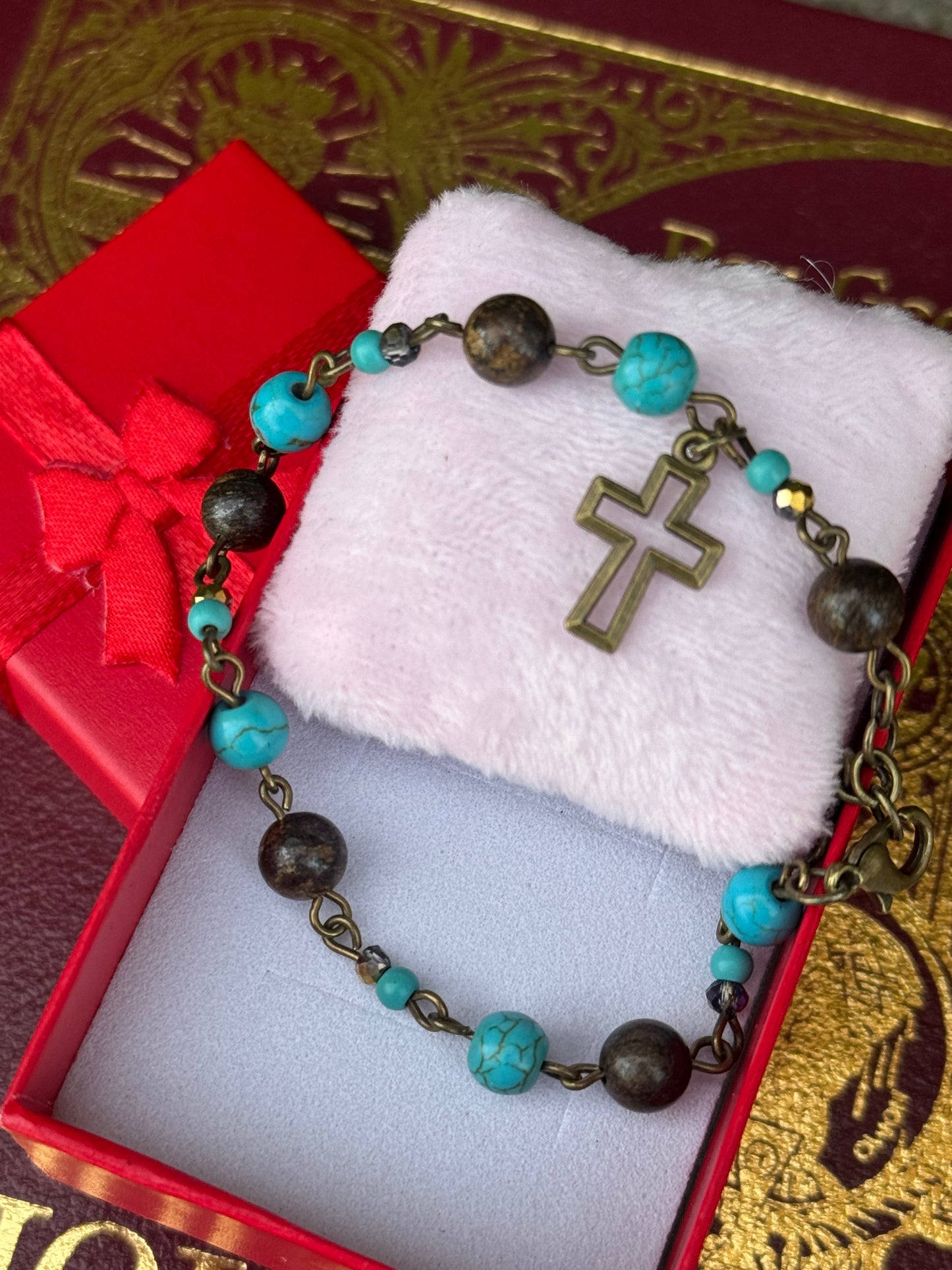 Bracelet with Bronze Cross and Imitation Turquoise Beads Handmade